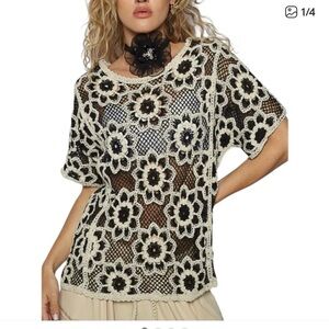 NWOT POL Black and Cream Floral Crochet Blouse